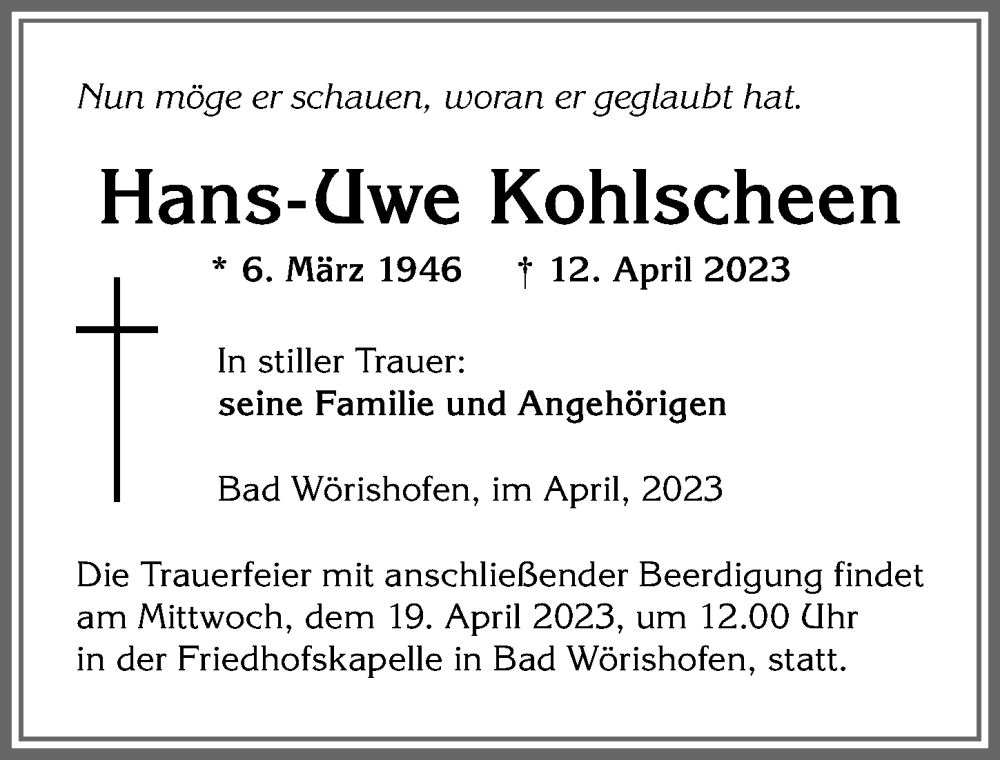 Traueranzeige von Hans-Uwe Kohlscheen von Mindelheimer Zeitung