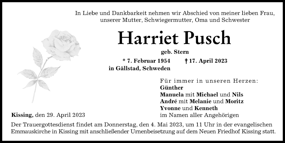 Traueranzeige von Harriet Pusch von Friedberger Allgemeine