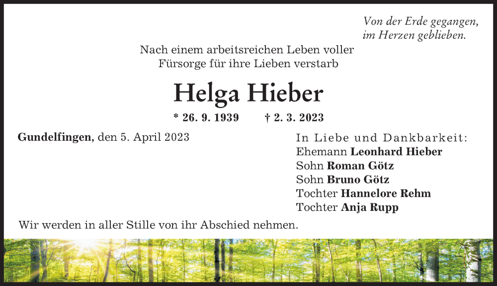 Traueranzeige von Helga Hieber von Donau Zeitung