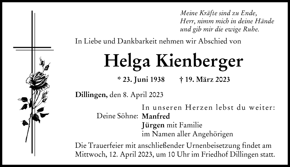 Traueranzeige von Helga Kienberger von Donau Zeitung