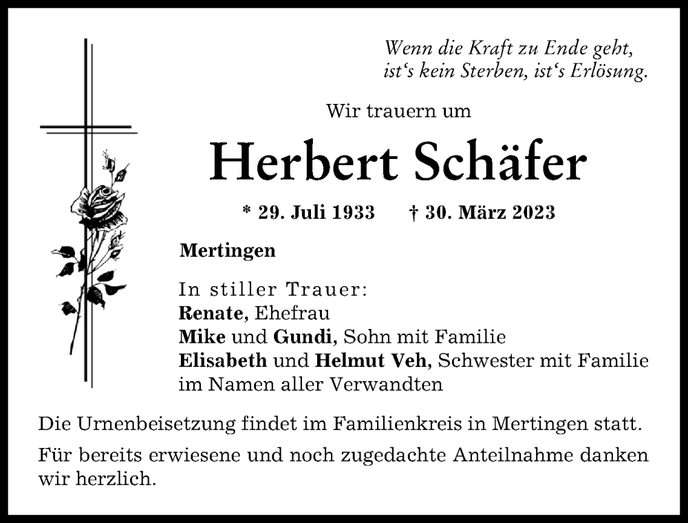 Traueranzeigen Von Herbert Schäfer 