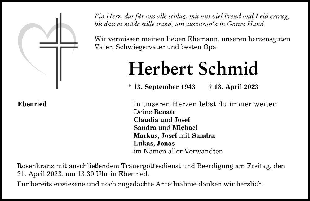 Traueranzeige von Herbert Schmid von Aichacher Nachrichten