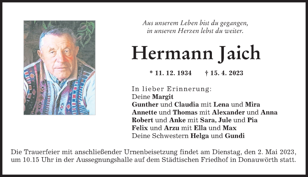 Traueranzeige von Hermann Jaich von Donauwörther Zeitung