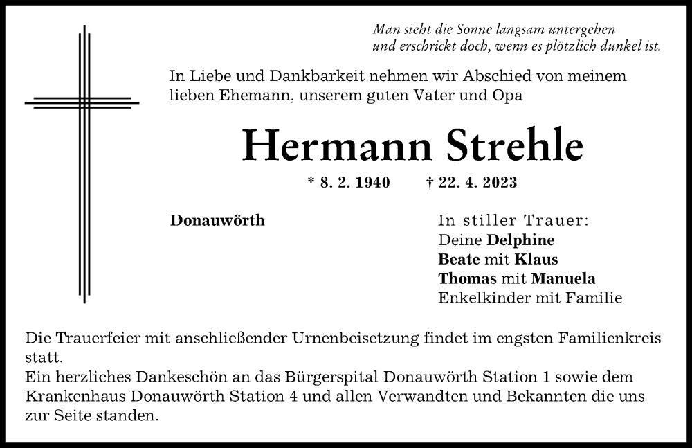 Traueranzeige von Hermann Strehle von Donauwörther Zeitung