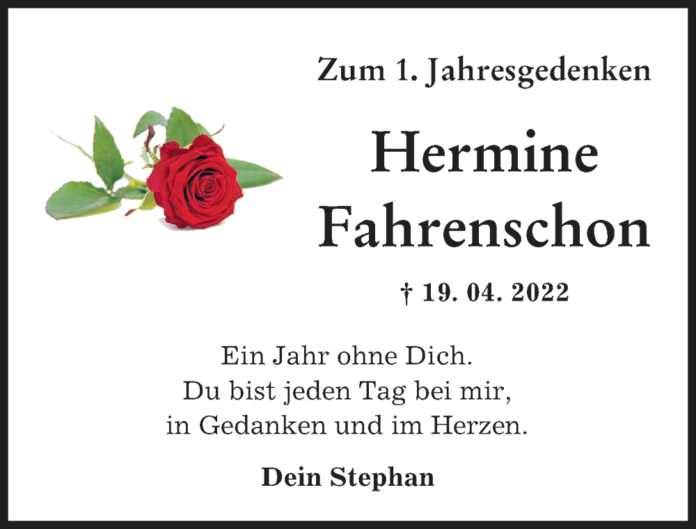 Traueranzeige von Hermine Fahrenschon von Günzburger Zeitung