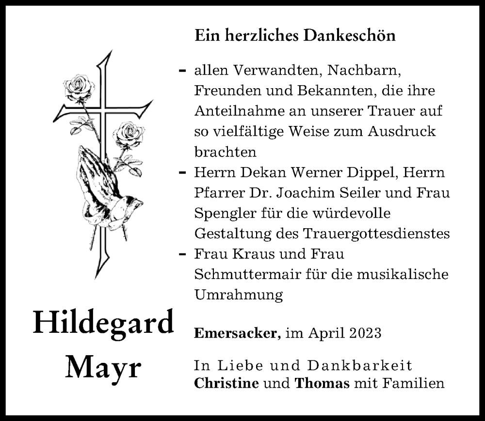  Traueranzeige für Hildegard Mayr vom 15.04.2023 aus Augsburg-Land