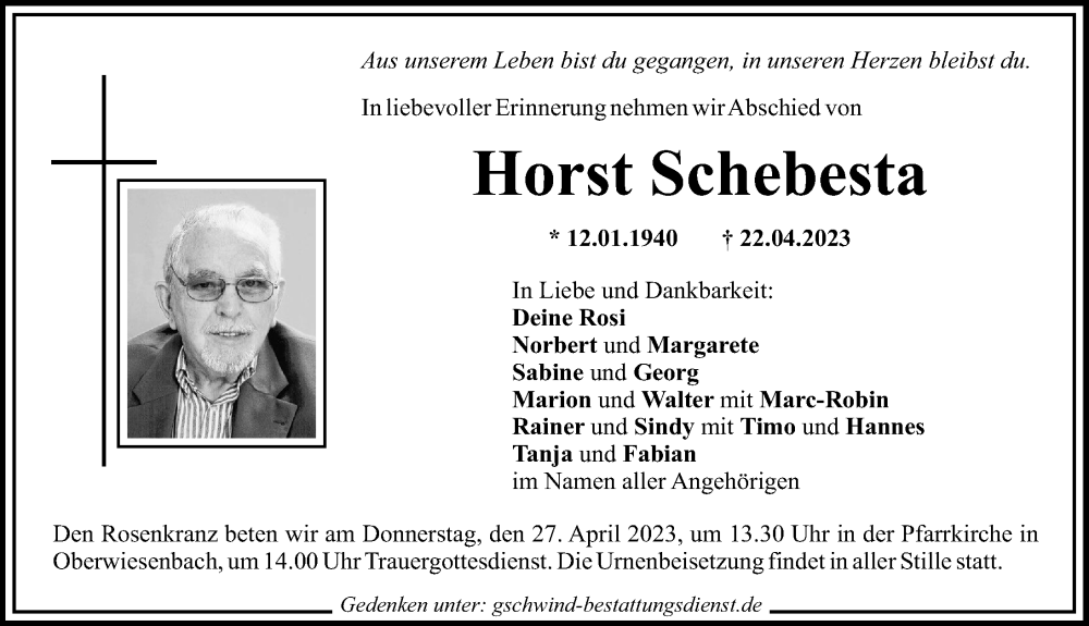  Traueranzeige für Horst Schebesta vom 26.04.2023 aus Mittelschwäbische Nachrichten