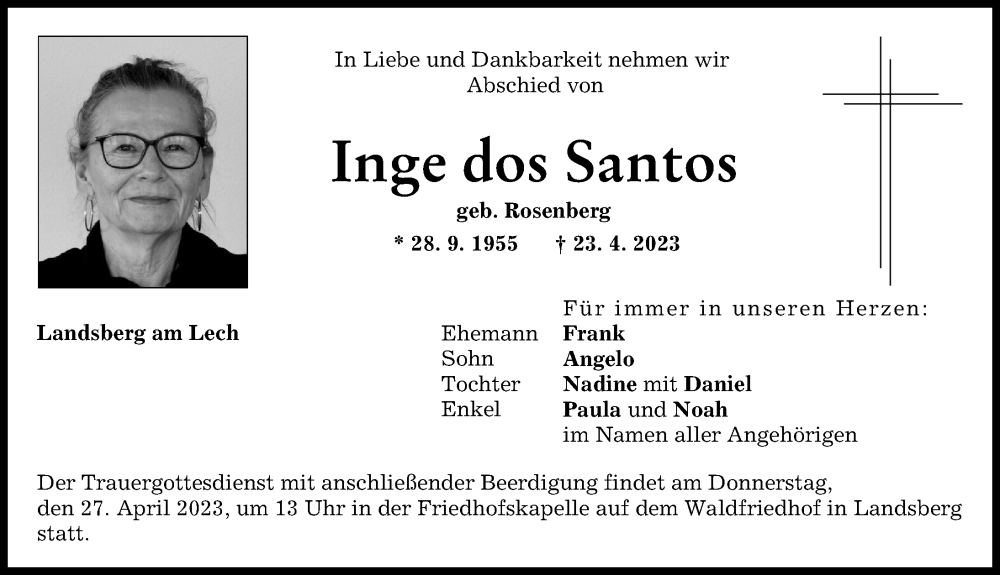 Traueranzeige von Inge dos Santos von Landsberger Tagblatt