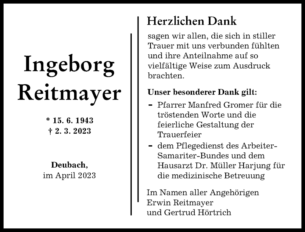 Traueranzeige von Ingeborg Reitmayer von Augsburg-Land