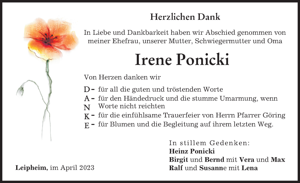 Traueranzeige von Irene Ponicki von Günzburger Zeitung