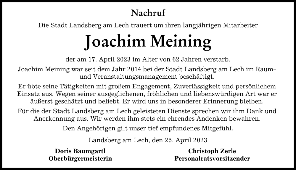  Traueranzeige für Joachim Meining vom 25.04.2023 aus Landsberger Tagblatt