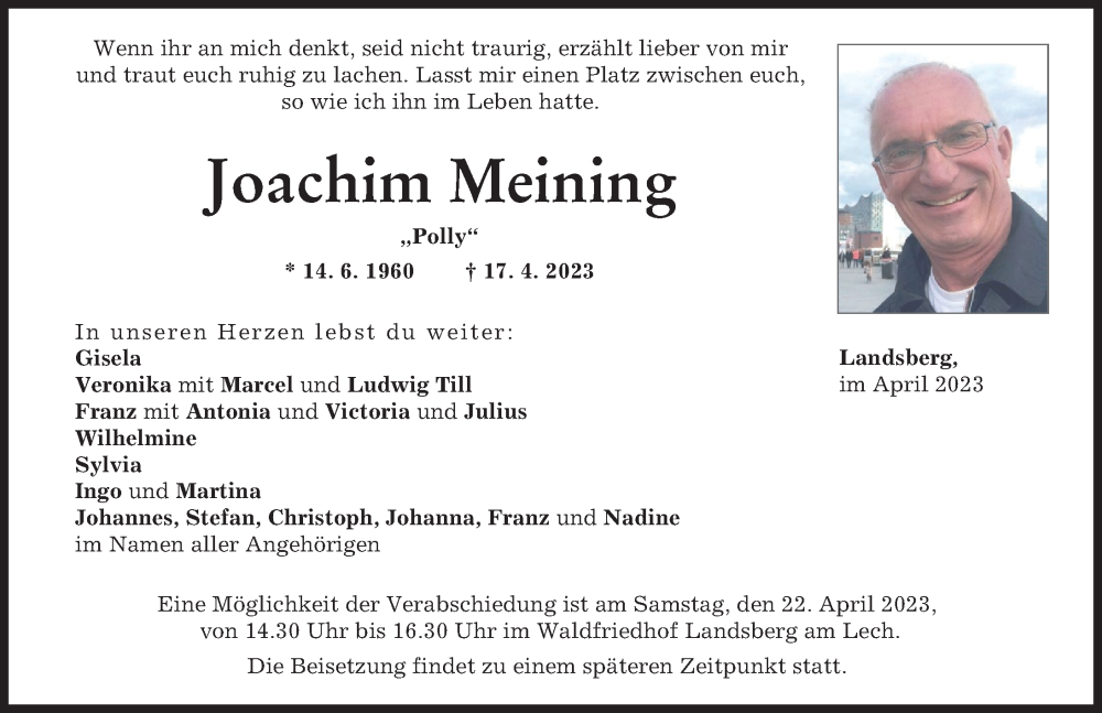  Traueranzeige für Joachim Meining vom 19.04.2023 aus Landsberger Tagblatt