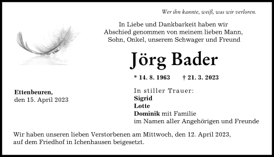 Traueranzeige von Jörg Bader von Günzburger Zeitung