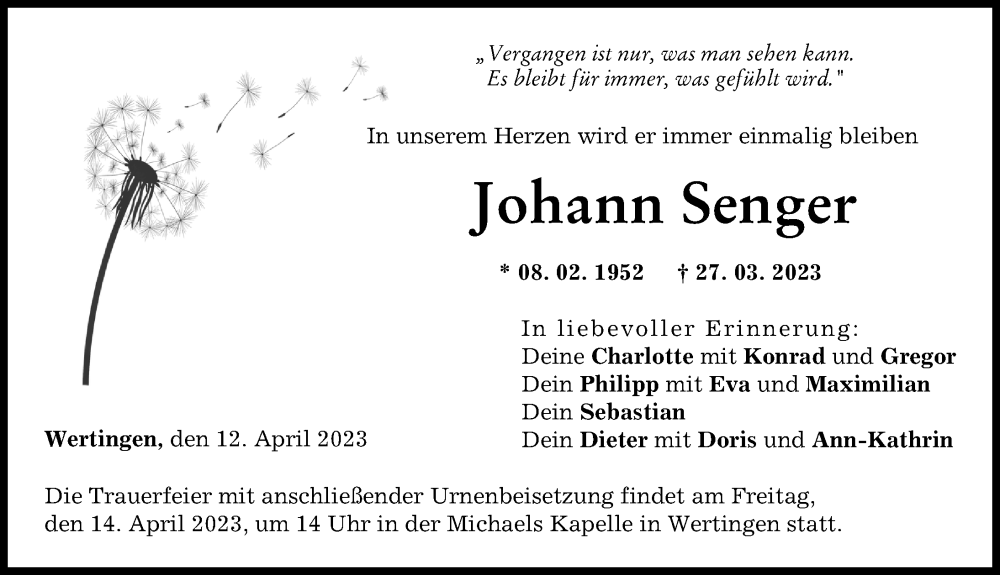 Traueranzeige von Johann Senger von Wertinger Zeitung