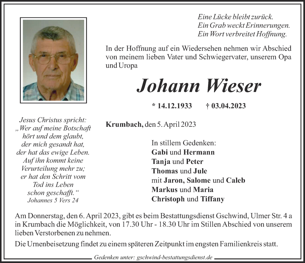 Traueranzeige von Johann Wieser von Mittelschwäbische Nachrichten