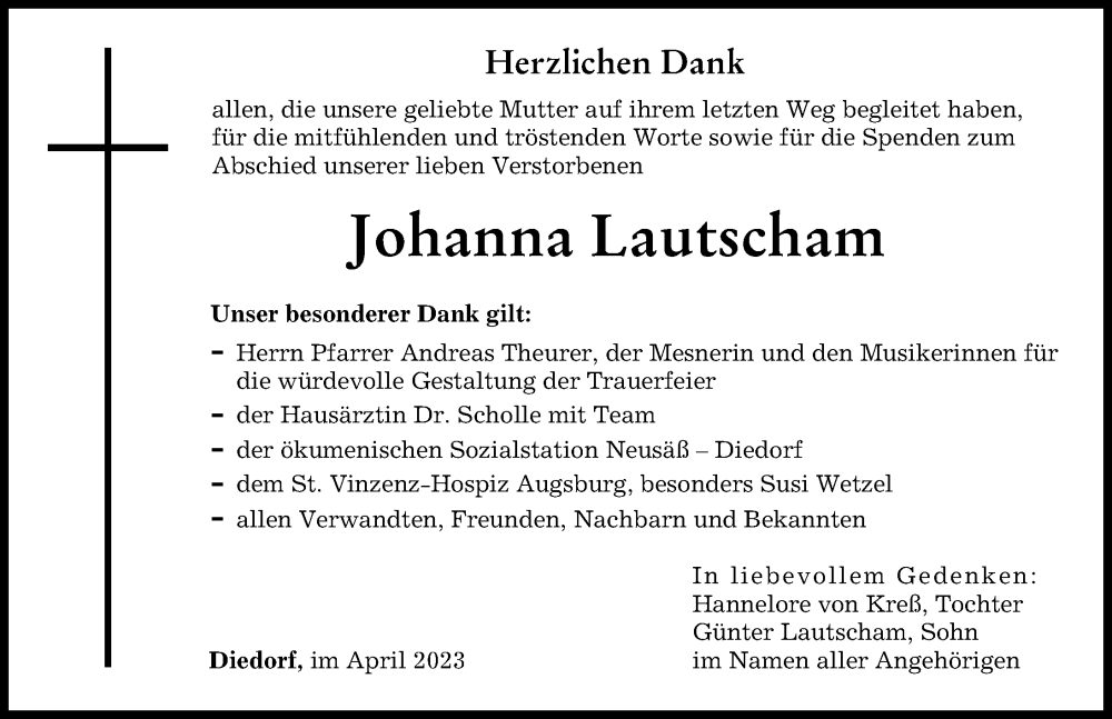  Traueranzeige für Johanna Lautscham vom 08.04.2023 aus Augsburger Allgemeine