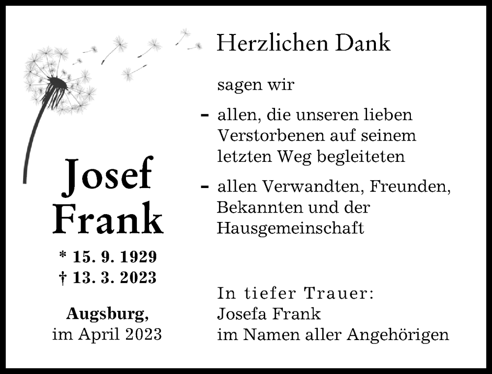 Traueranzeige für Josef Frank vom 08.04.2023 aus Augsburger Allgemeine