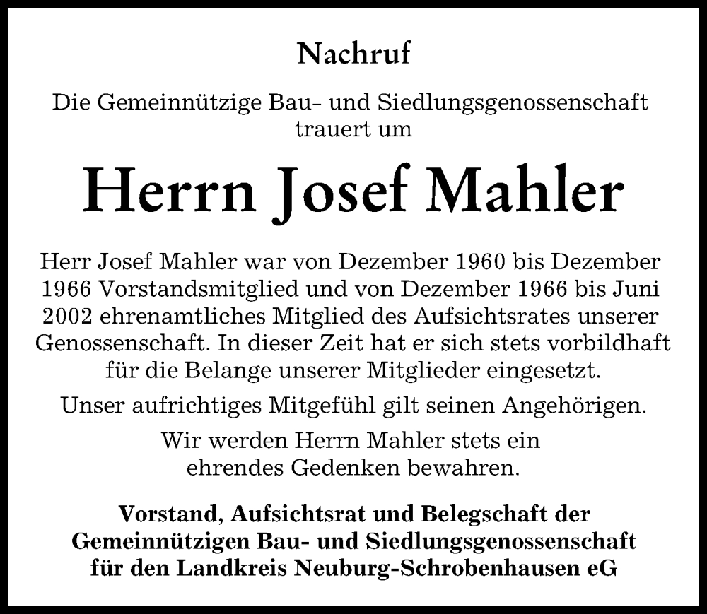 Traueranzeige von Josef Mahler von Neuburger Rundschau