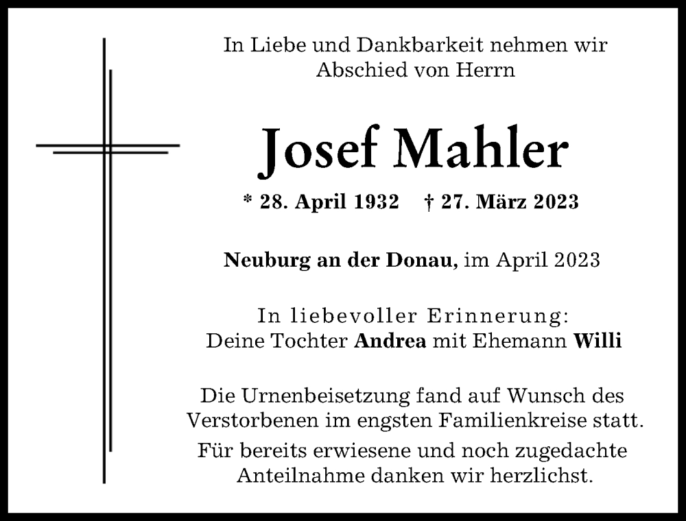 Traueranzeige von Josef Mahler von Neuburger Rundschau