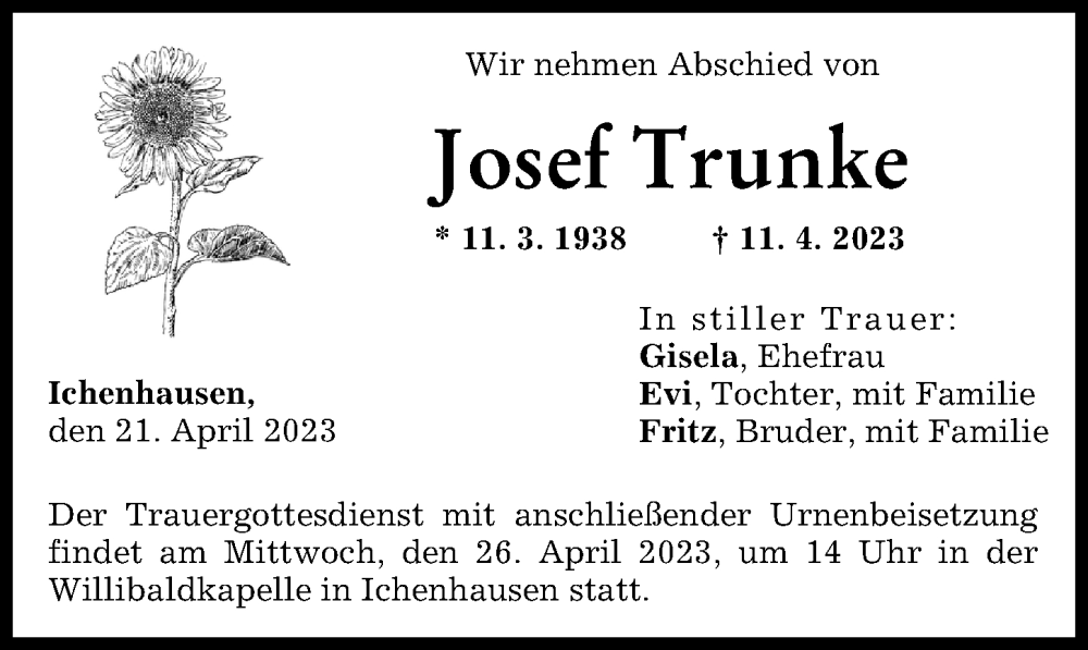 Traueranzeige von Josef Trunke von Günzburger Zeitung