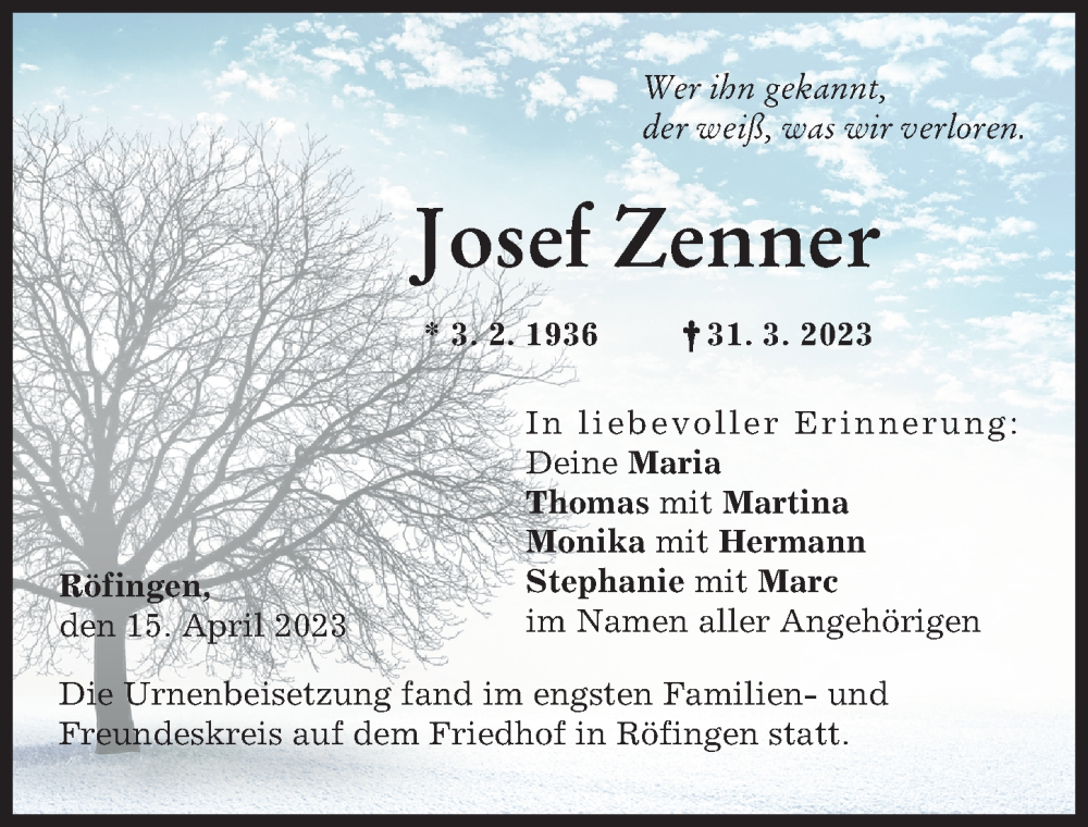  Traueranzeige für Josef Zenner vom 15.04.2023 aus Günzburger Zeitung