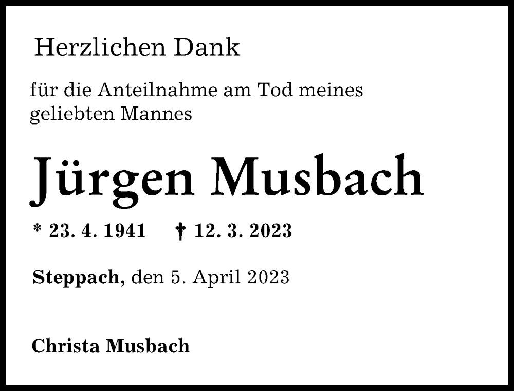  Traueranzeige für Jürgen Musbach vom 05.04.2023 aus Augsburger Allgemeine
