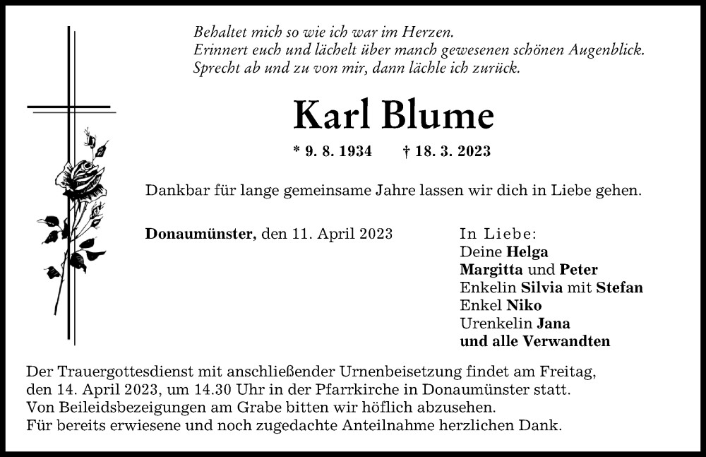 Traueranzeige von Karl Blume von Donauwörther Zeitung