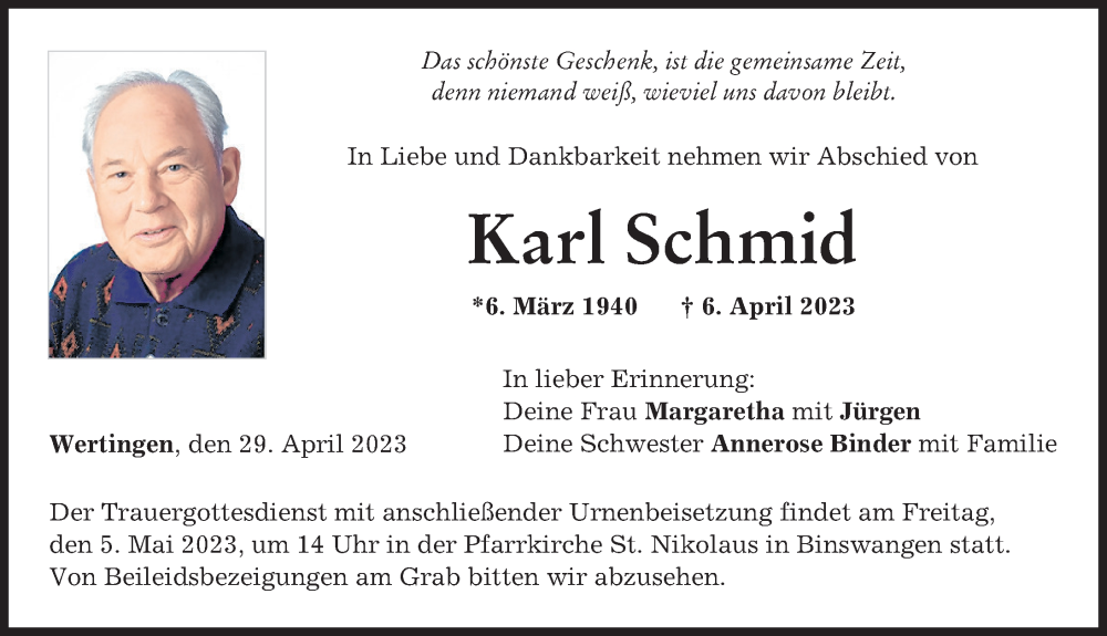 Traueranzeige von Karl Schmid von Wertinger Zeitung