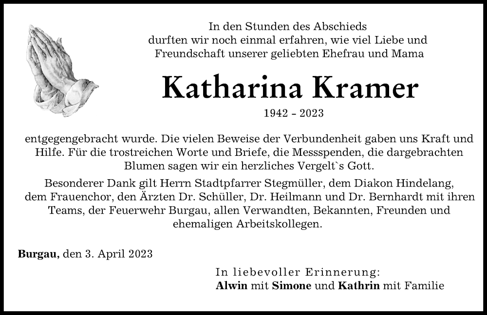  Traueranzeige für Katharina Kramer vom 03.04.2023 aus Günzburger Zeitung