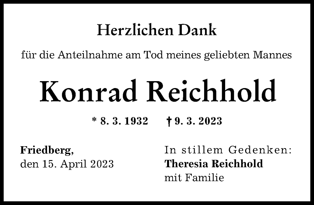  Traueranzeige für Konrad Reichhold vom 15.04.2023 aus Friedberger Allgemeine