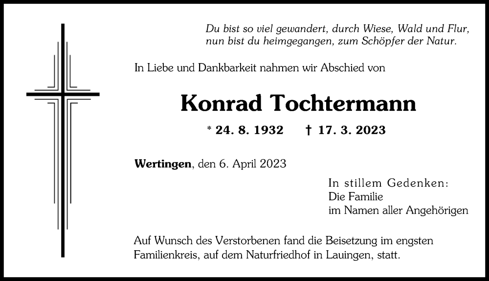 Traueranzeige von Konrad Tochtermann von Donau Zeitung