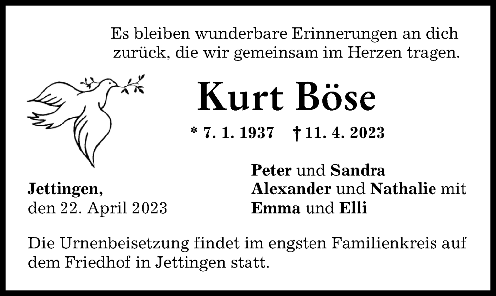 Traueranzeige von Kurt Böse von Günzburger Zeitung