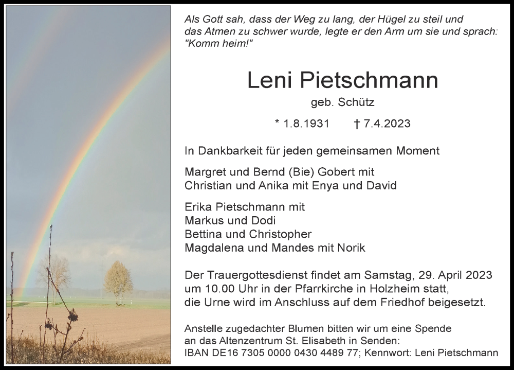  Traueranzeige für Leni Pietschmann vom 15.04.2023 aus Neu-Ulmer Zeitung