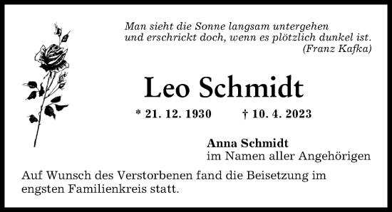 Traueranzeige von Leo Schmidt von Günzburger Zeitung
