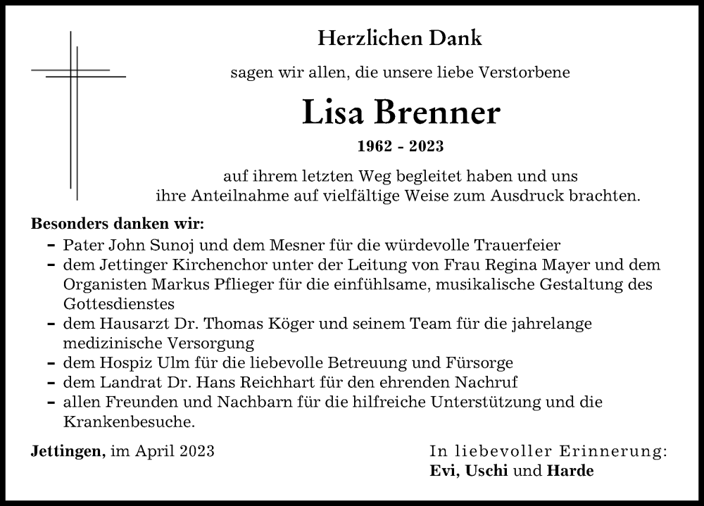 Traueranzeige für Lisa Brenner vom 15.04.2023 aus Günzburger Zeitung