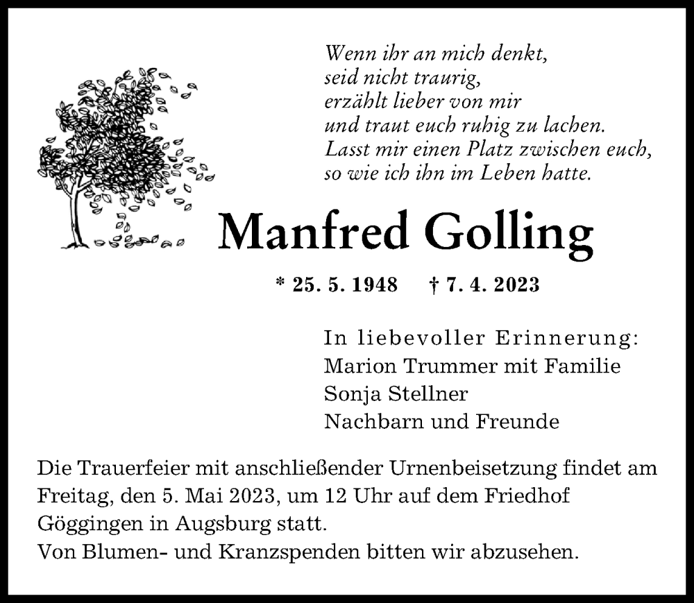  Traueranzeige für Manfred Golling vom 29.04.2023 aus Augsburger Allgemeine