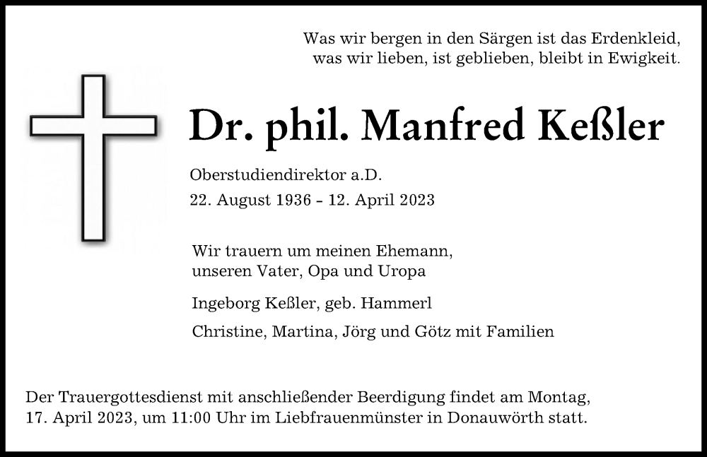 Traueranzeige von Manfred Keßler von Donauwörther Zeitung