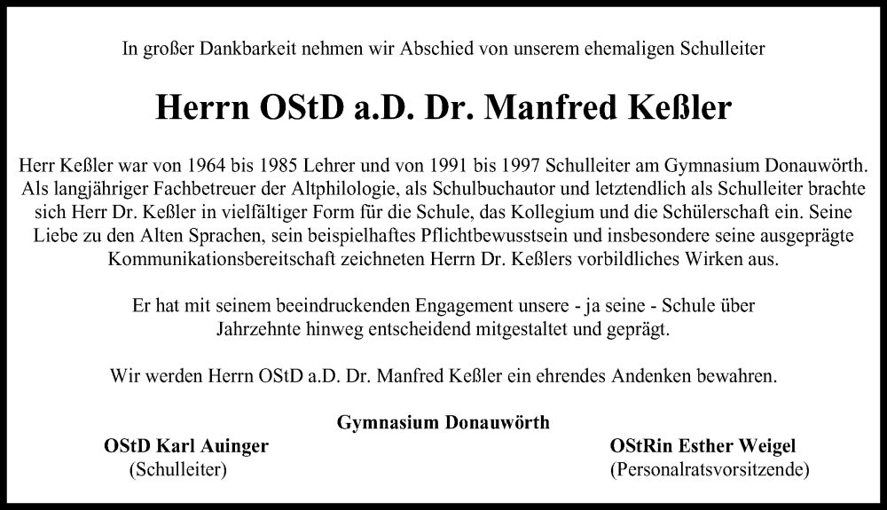 Traueranzeige von Manfred Keßler von Donauwörther Zeitung