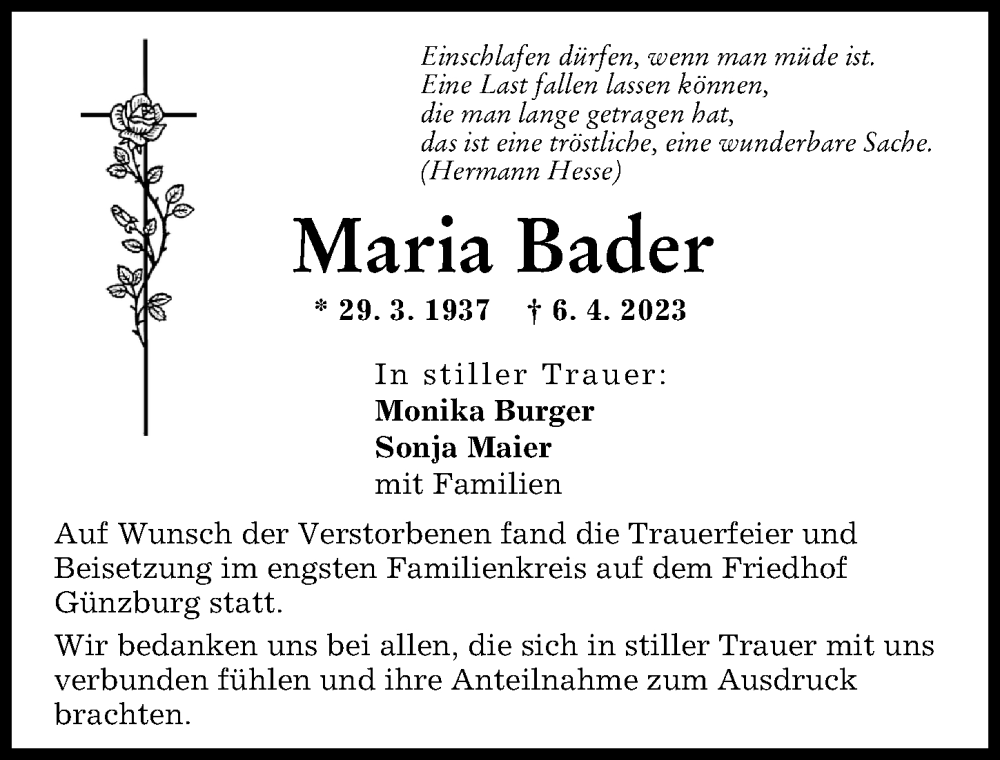 Traueranzeige von Maria Bader von Günzburger Zeitung