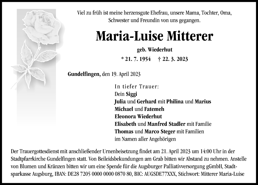  Traueranzeige für Maria-Luise Mitterer vom 19.04.2023 aus Donau Zeitung