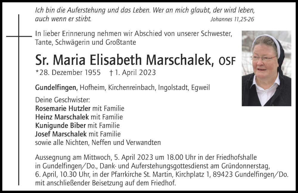  Traueranzeige für Maria Elisabeth Marschalek vom 05.04.2023 aus Neuburger Rundschau