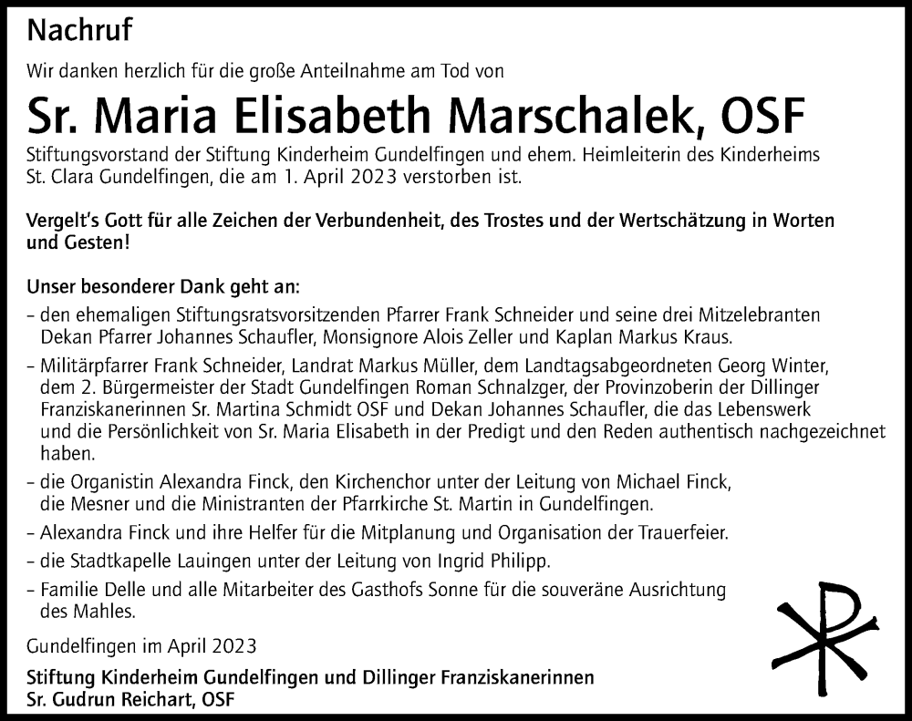 Traueranzeige von Maria Elisabeth Marschalek von Augsburger Allgemeine