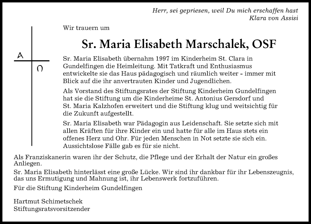  Traueranzeige für Maria Elisabeth Marschalek vom 04.04.2023 aus Donau Zeitung