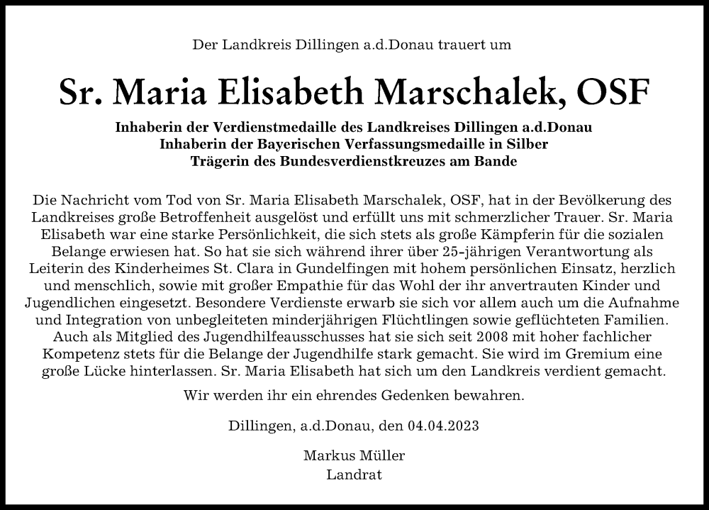  Traueranzeige für Maria Elisabeth Marschalek vom 04.04.2023 aus Donau Zeitung