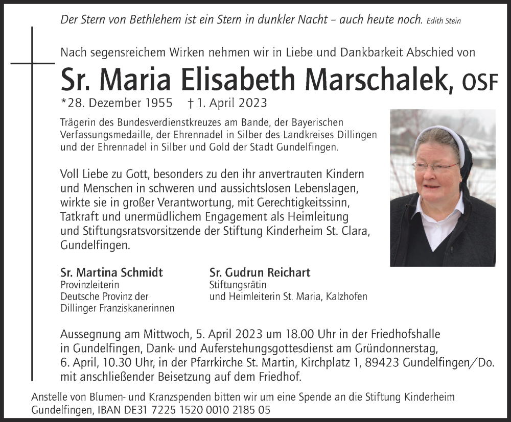  Traueranzeige für Maria Elisabeth Marschalek vom 04.04.2023 aus Augsburger Allgemeine