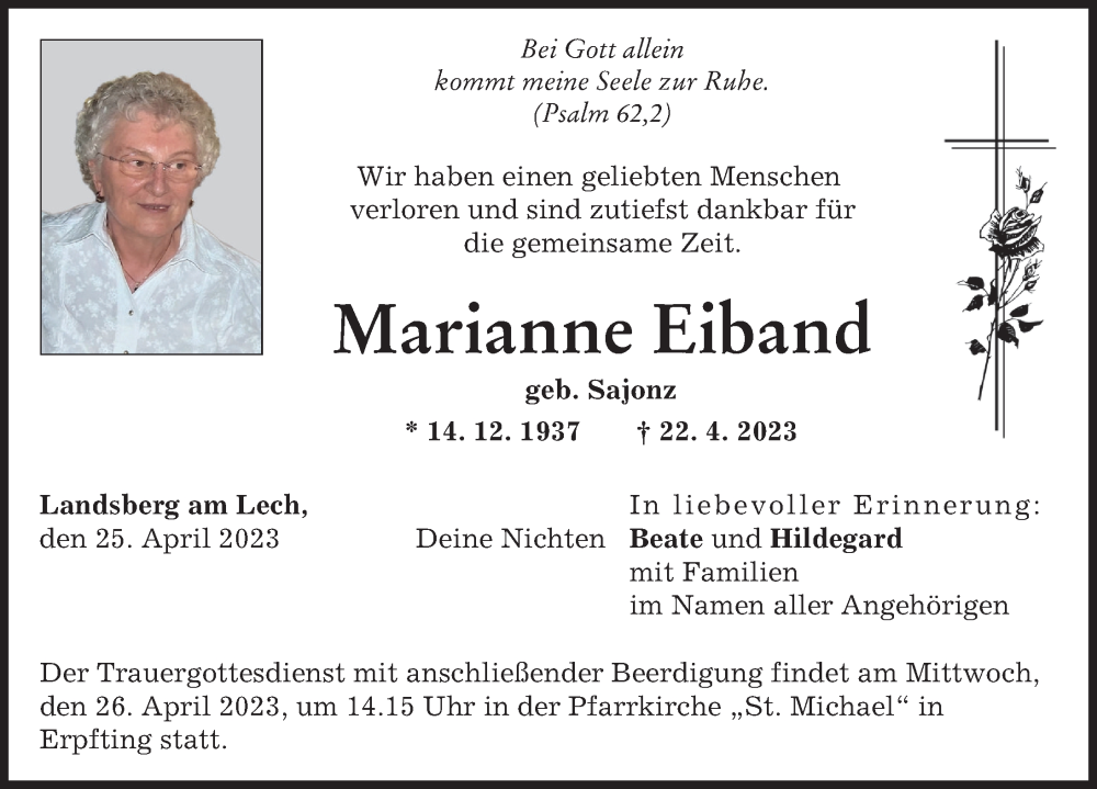 Traueranzeige von Marianne Eiband von Landsberger Tagblatt