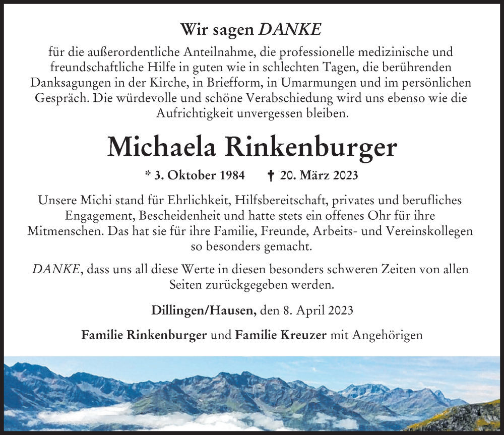  Traueranzeige für Michaela Rinkenburger vom 08.04.2023 aus Donau Zeitung