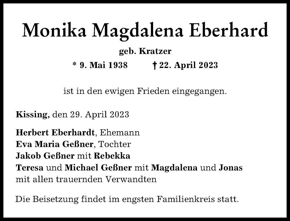 Traueranzeige von Monika Magdalena Eberhard von Friedberger Allgemeine