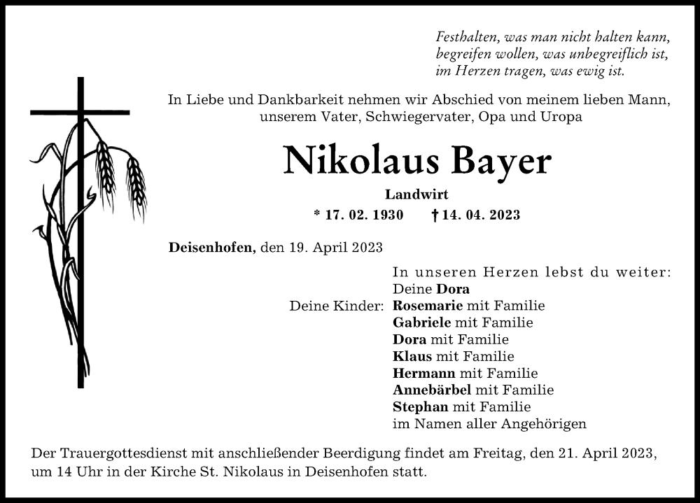 Traueranzeige von Nikolaus Bayer von Donau Zeitung