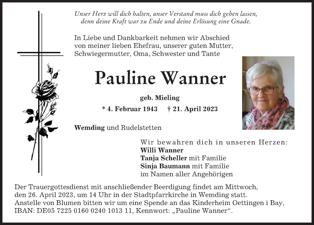 Traueranzeige von Pauline Wanner von Rieser Nachrichten, Donauwörther Zeitung